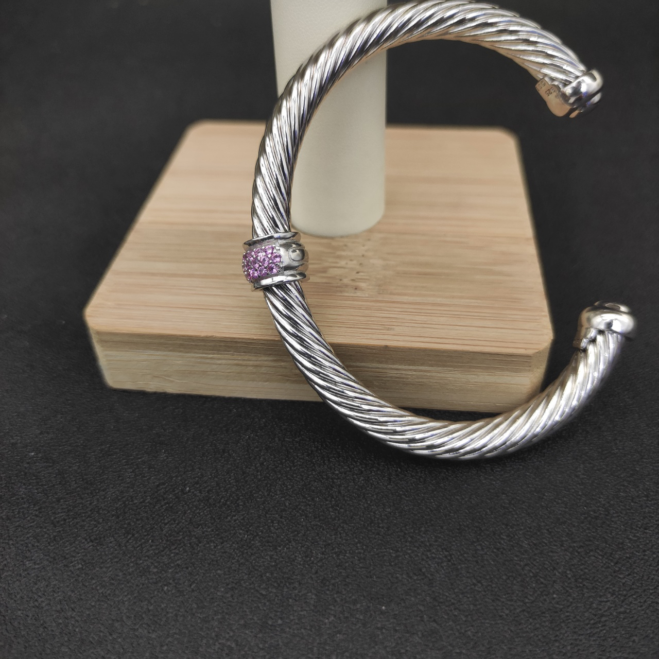 Classic Cable Station Bracelet Sterling Silver with Pave Diamonds, 7mm