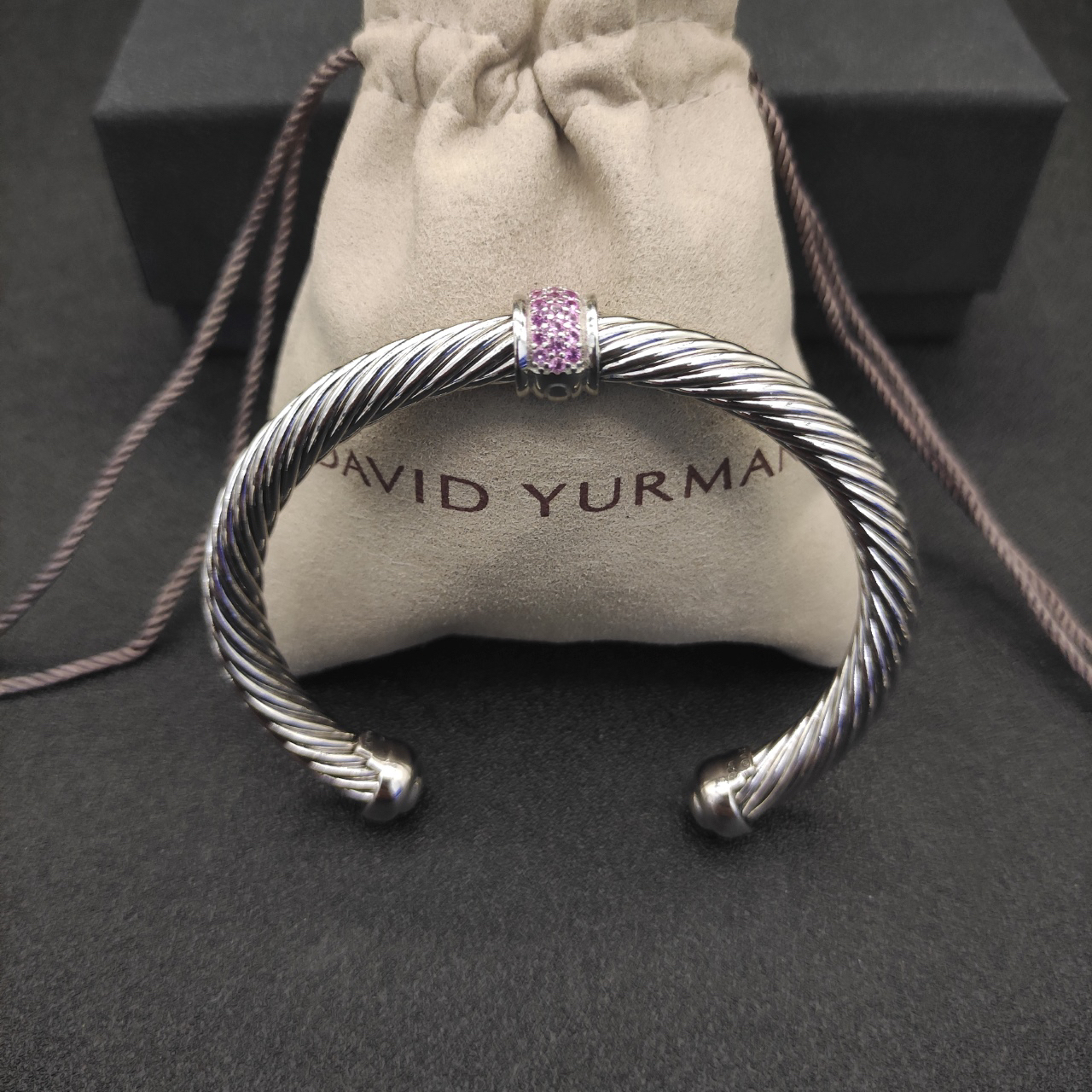 Classic Cable Station Bracelet Sterling Silver with Pave Diamonds, 7mm