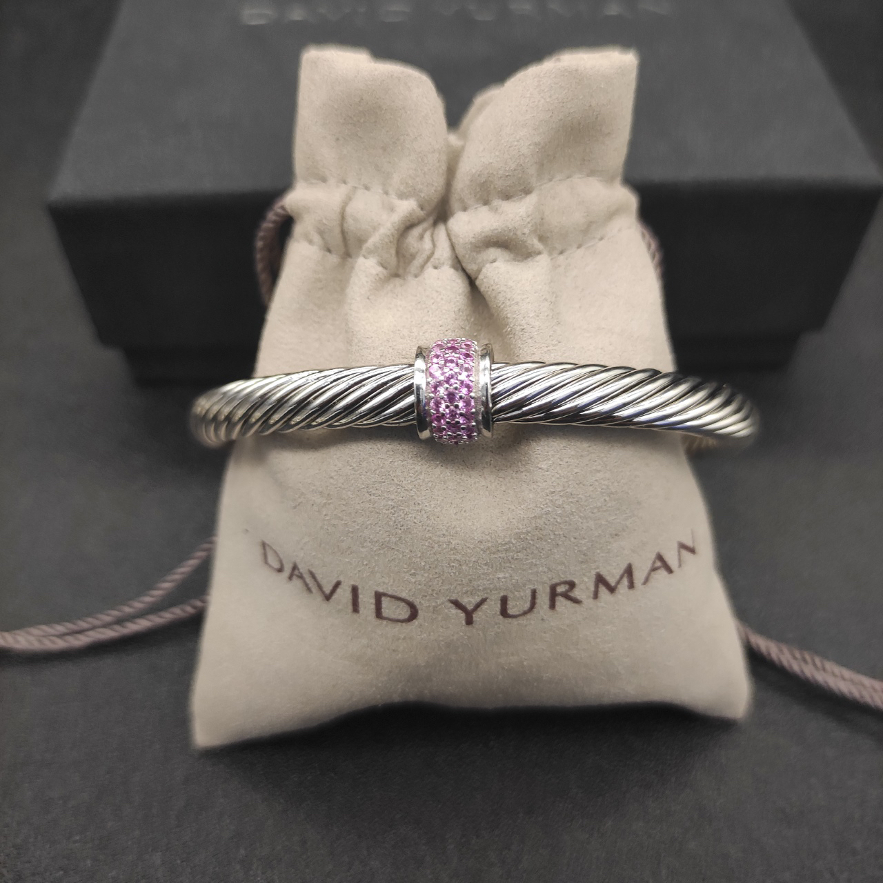Classic Cable Station Bracelet Sterling Silver with Pave Diamonds, 7mm