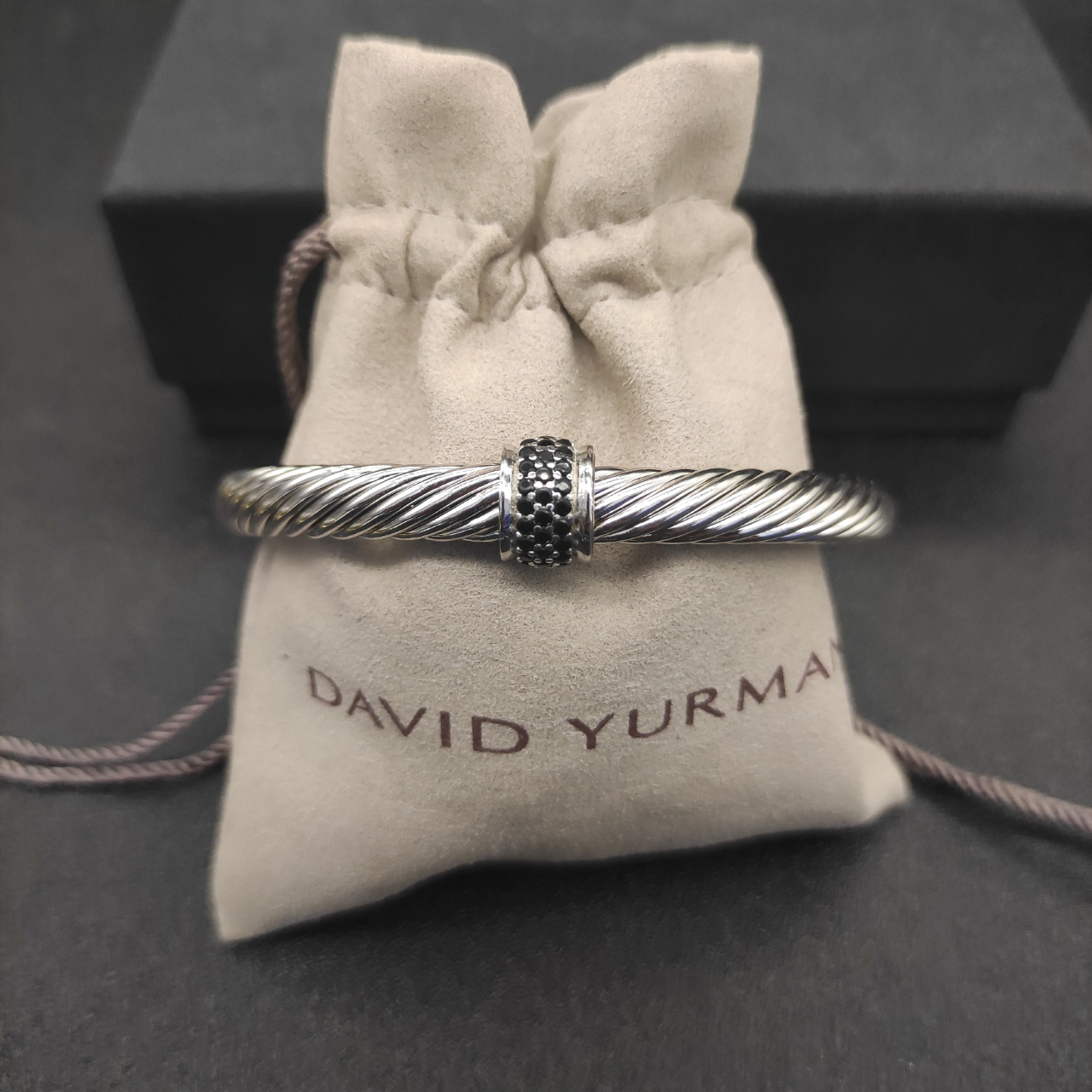 Classic Cable Station Bracelet Sterling Silver with Pave Diamonds, 7mm