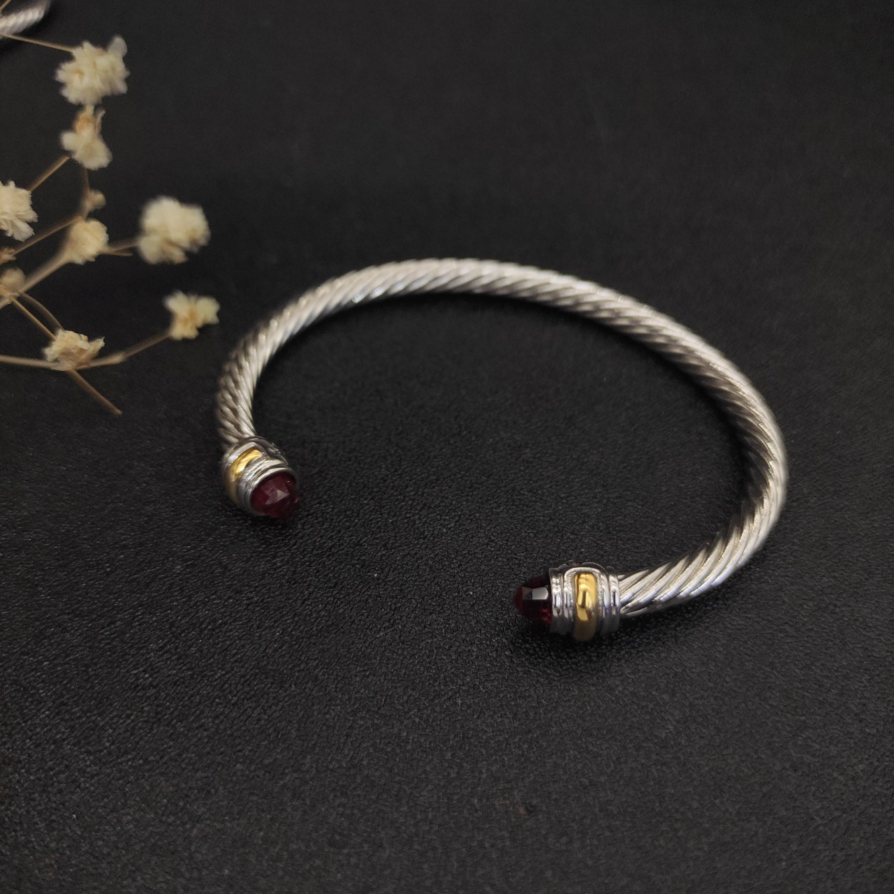Classic Cable Bracelet Sterling Silver with 14K Yellow Gold and Red Topaz, 5mm