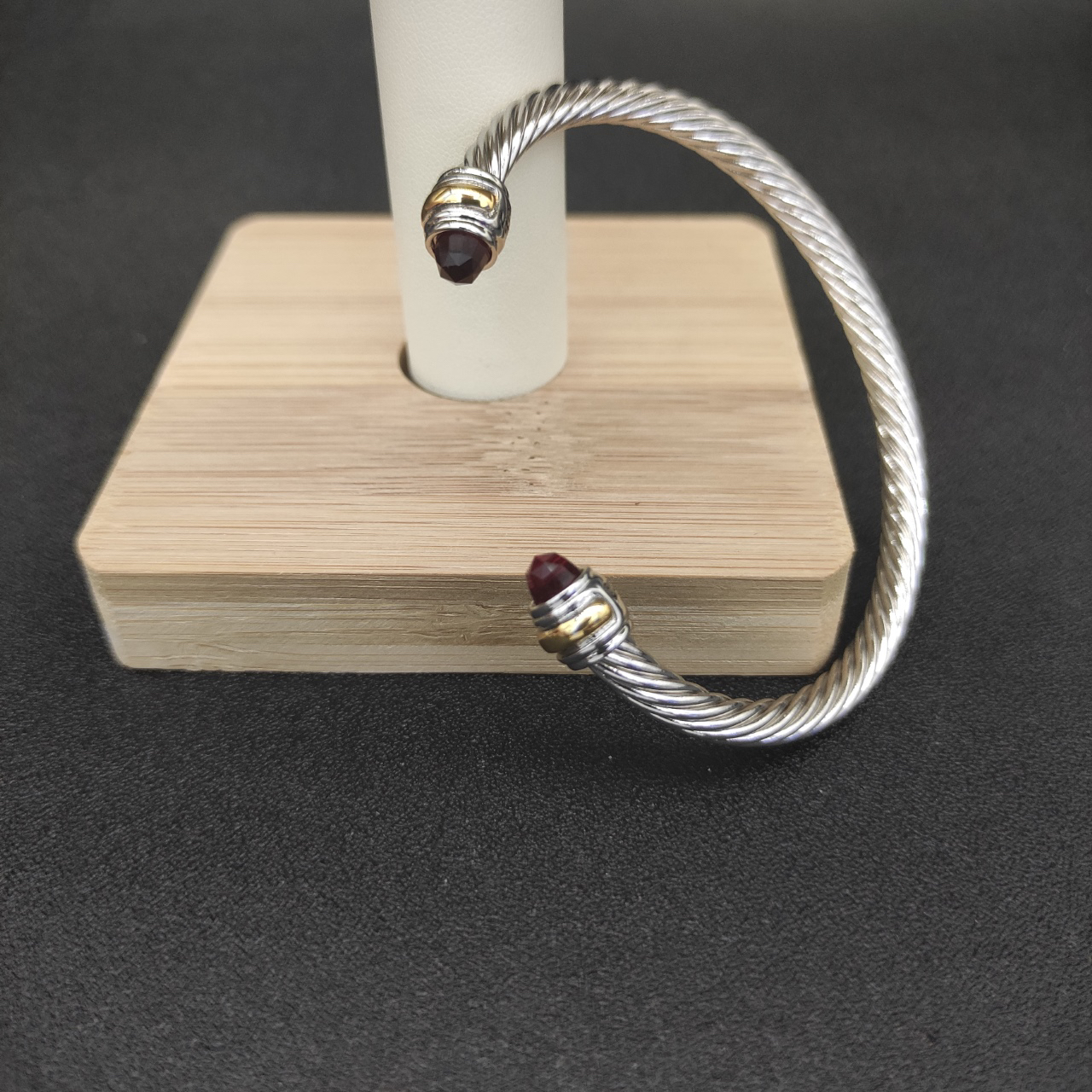 Classic Cable Bracelet Sterling Silver with 14K Yellow Gold and Red Topaz, 5mm