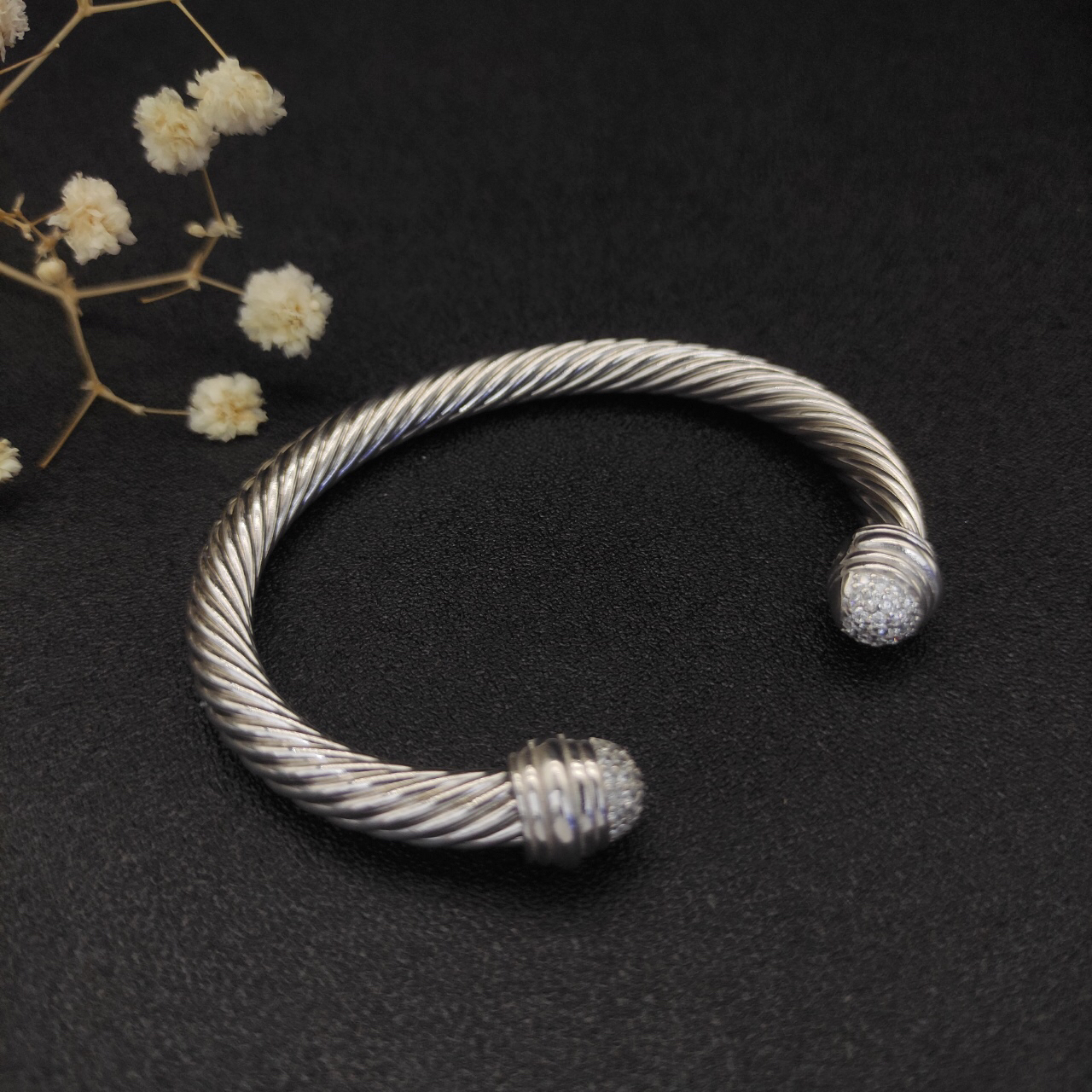 Classic Cable Bracelet Sterling Silver with 18K White Gold and Half Diamond Domes, 7mm