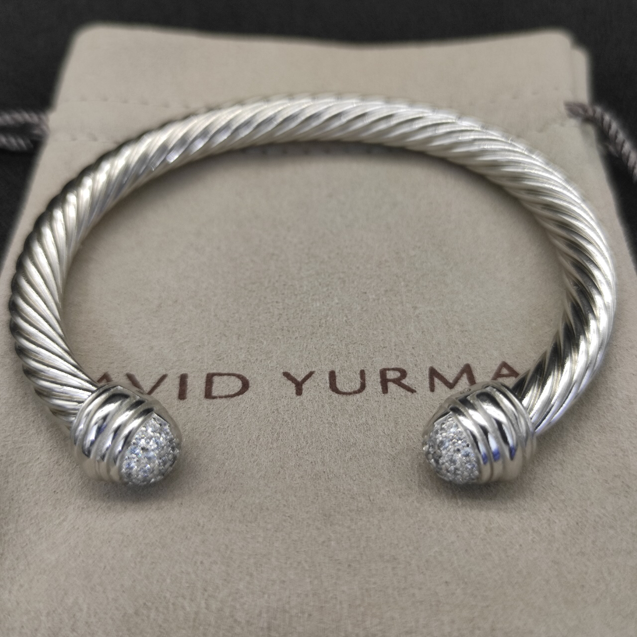 Classic Cable Bracelet Sterling Silver with 18K White Gold and Half Diamond Domes, 7mm