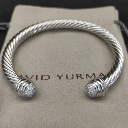 Classic Cable Bracelet Sterling Silver with 18K White Gold and Half Diamond Domes, 7mm
