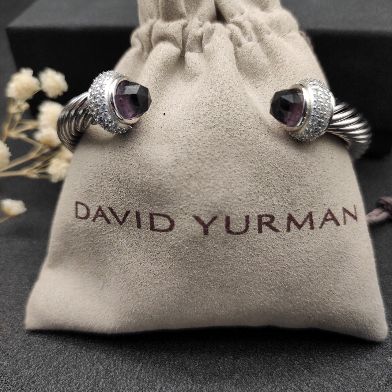 Cable Bracelet Sterling Silver with Amethyst and Diamonds, 7mm