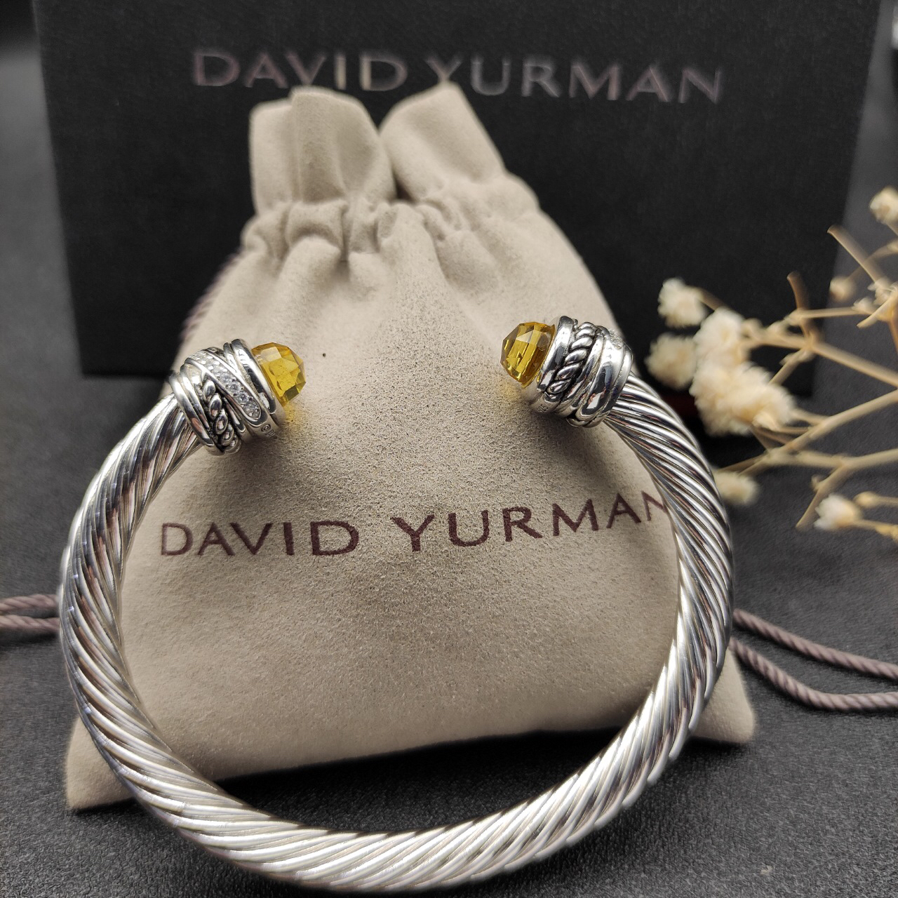 Classic Cable Bracelet Sterling Silver with Citrine and Diamonds, 7mm