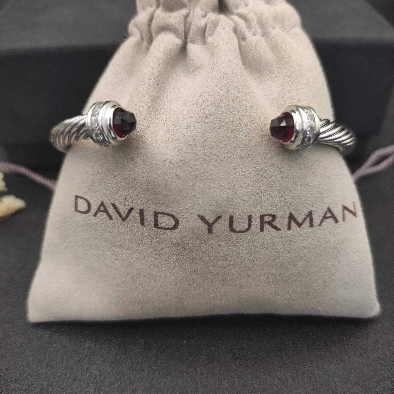 Classic Cable Bracelet Sterling Silver with Almandine and Diamonds, 5mm
