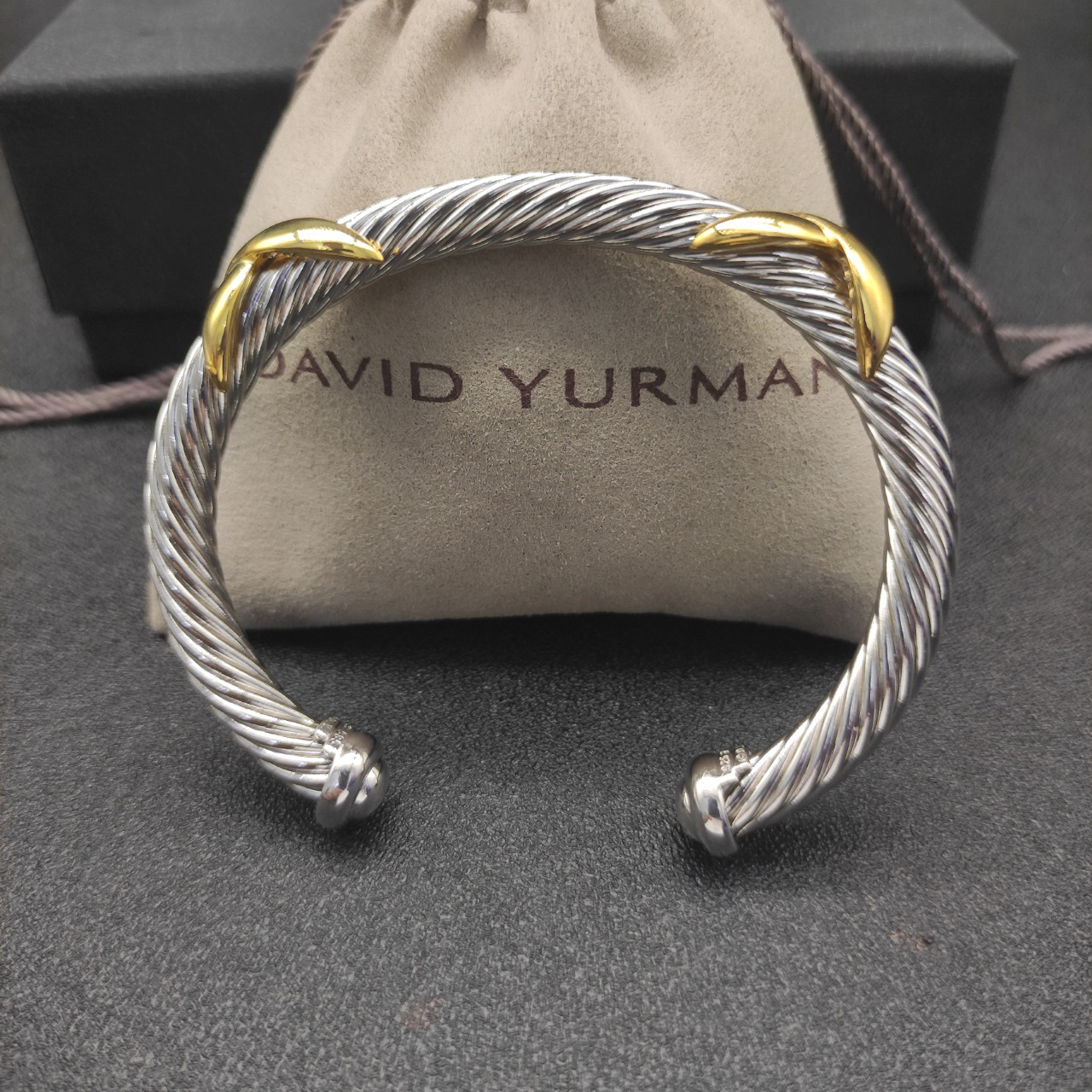 X Classic Cable Station Bracelet Sterling Silver with 14K Yellow Gold, 7mm