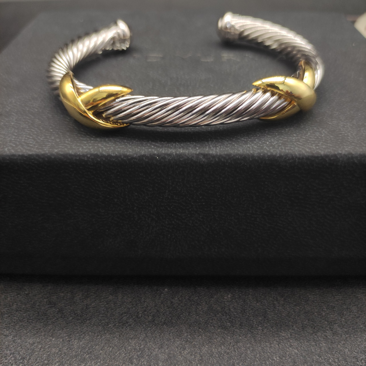 X Classic Cable Station Bracelet Sterling Silver with 14K Yellow Gold, 7mm