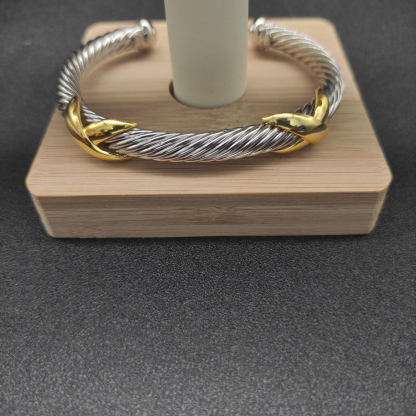 X Classic Cable Station Bracelet Sterling Silver with 14K Yellow Gold, 7mm