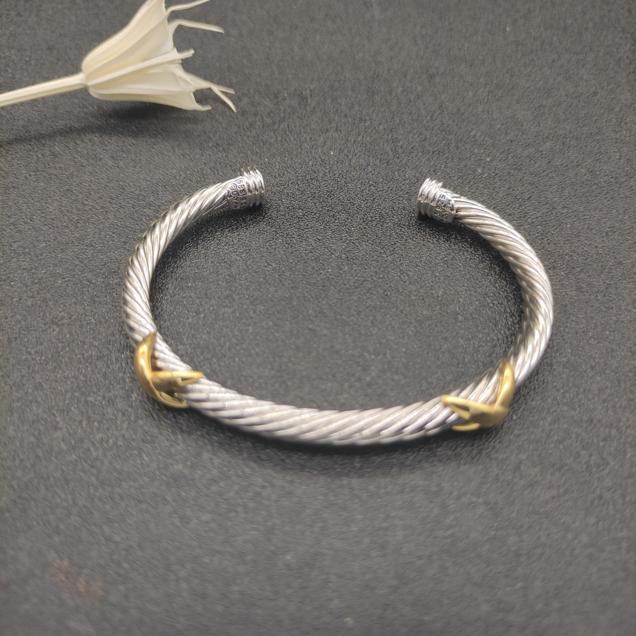 X Classic Cable Station Bracelet Sterling Silver with 14K Yellow Gold, 5mm