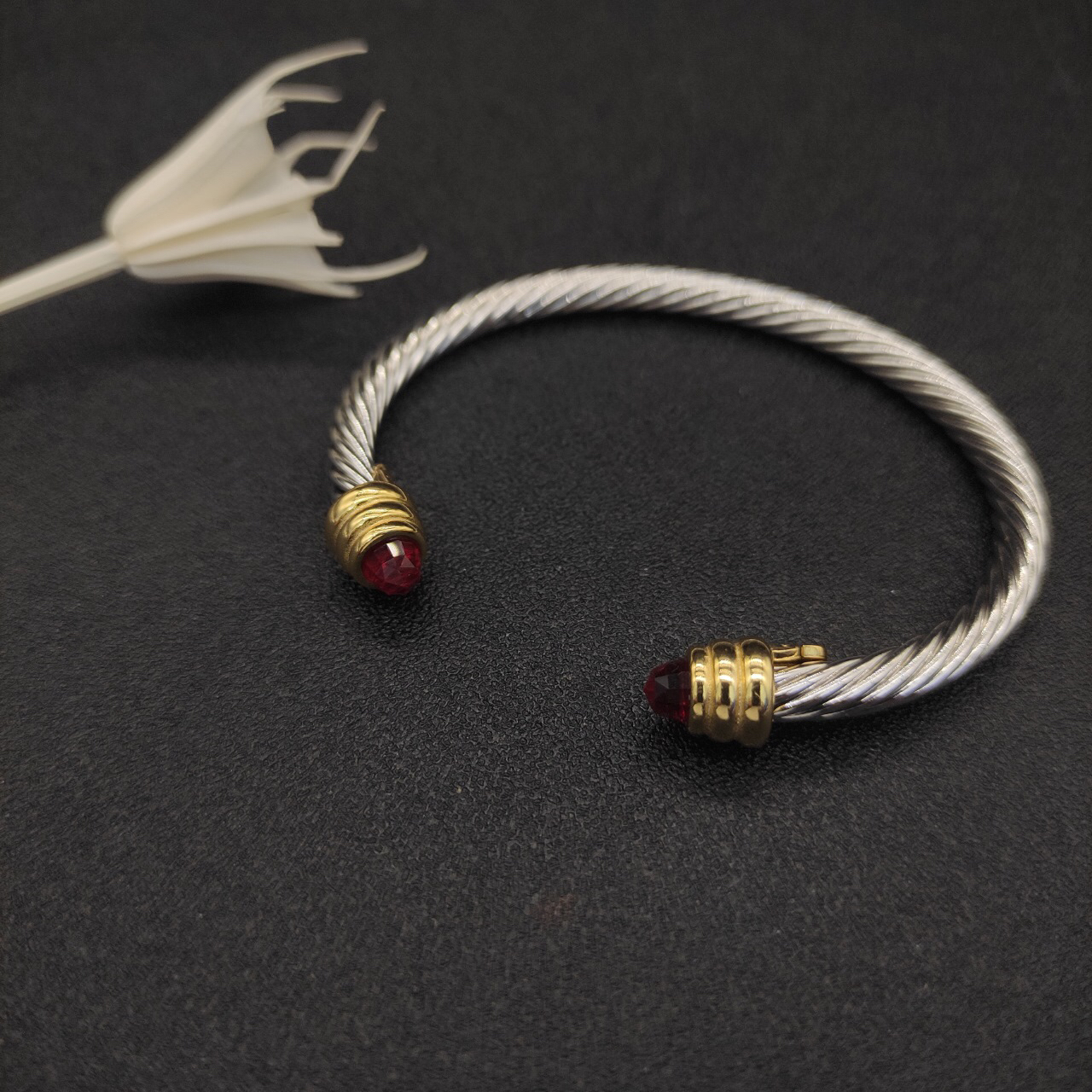 Classic Cable Bracelet Sterling Silver with Red Crystal and Diamonds, 5mm