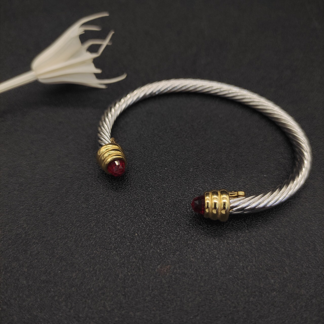 Classic Cable Bracelet Sterling Silver with Red Crystal and Diamonds, 5mm