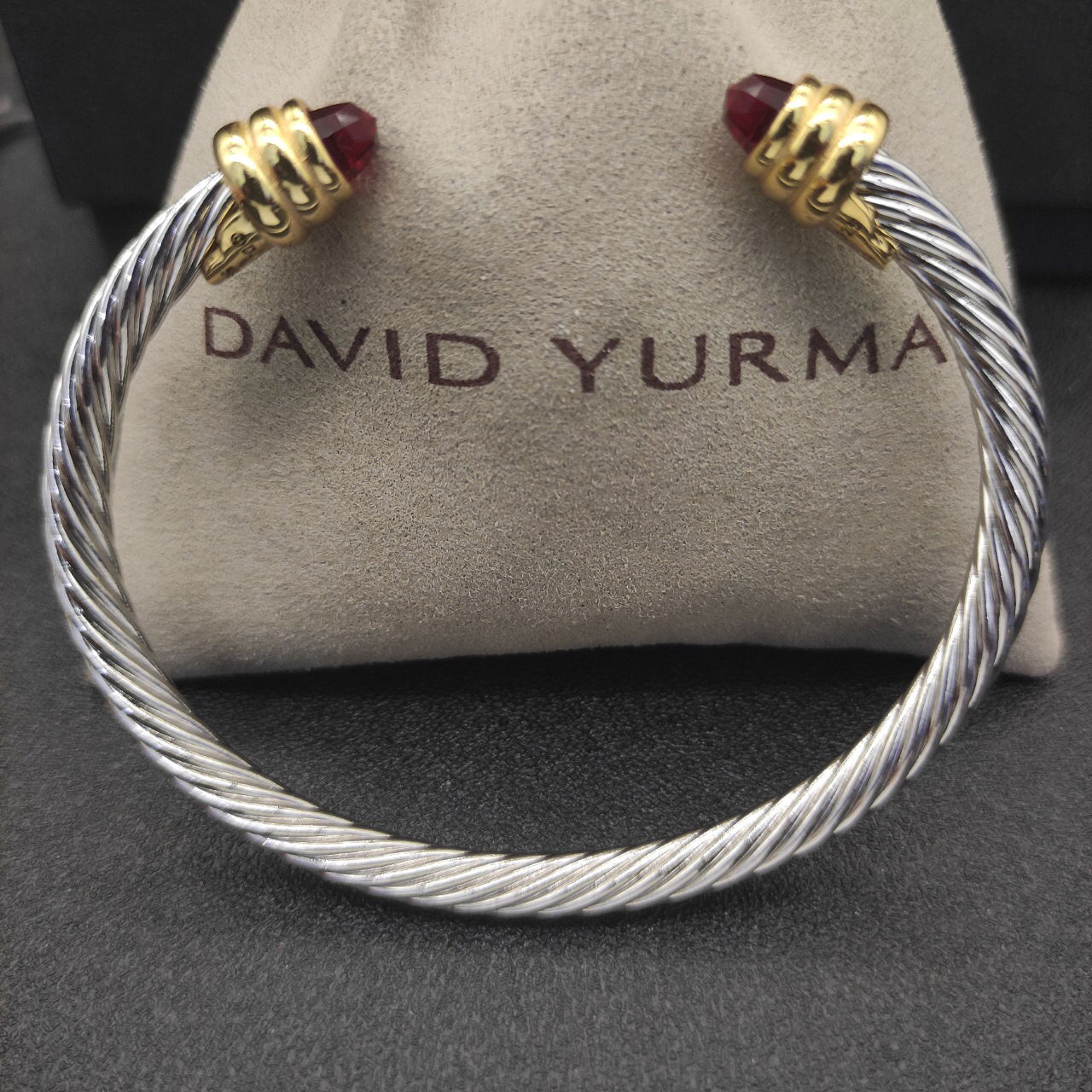 Classic Cable Bracelet Sterling Silver with Red Crystal and Diamonds, 5mm