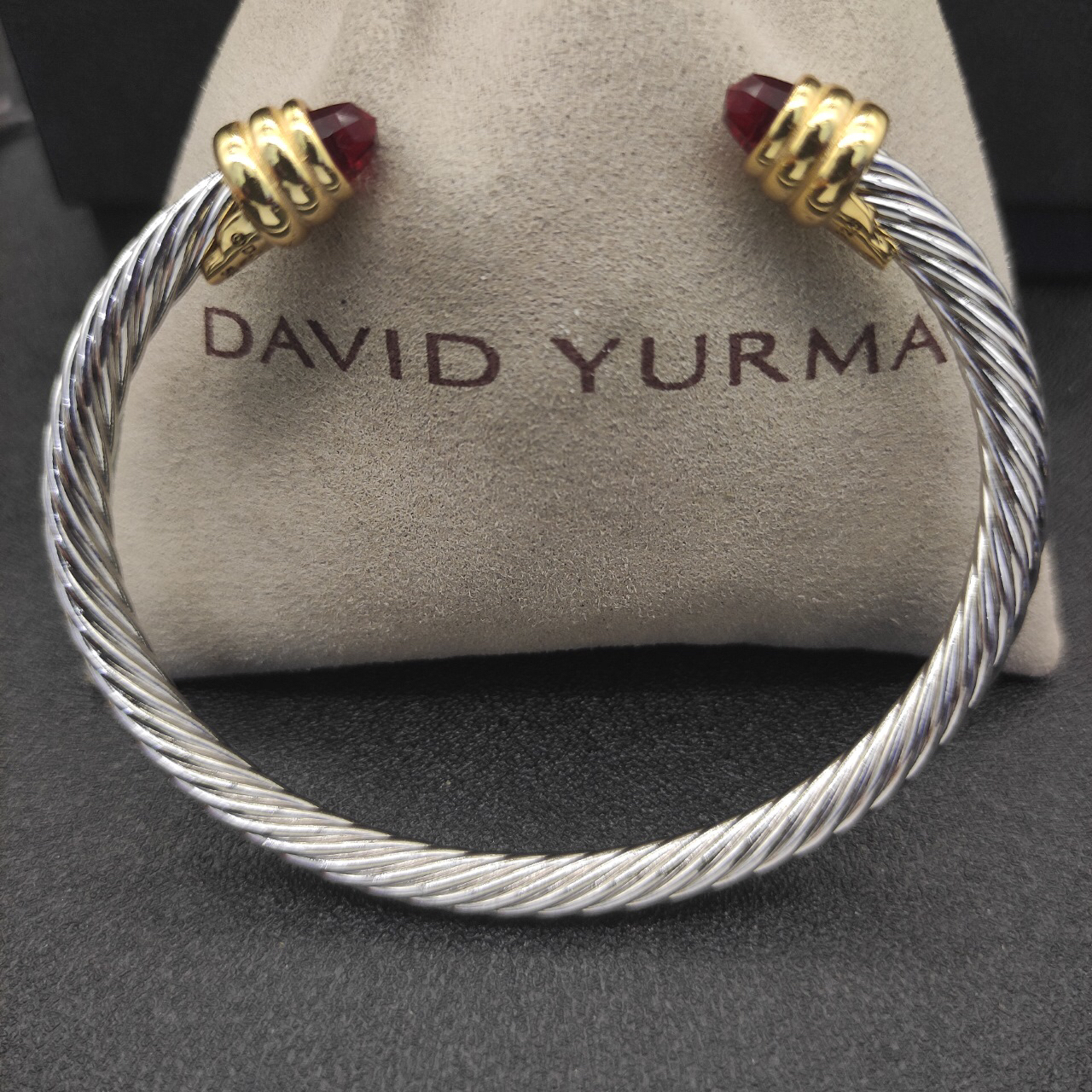 Classic Cable Bracelet Sterling Silver with Red Crystal and Diamonds, 5mm