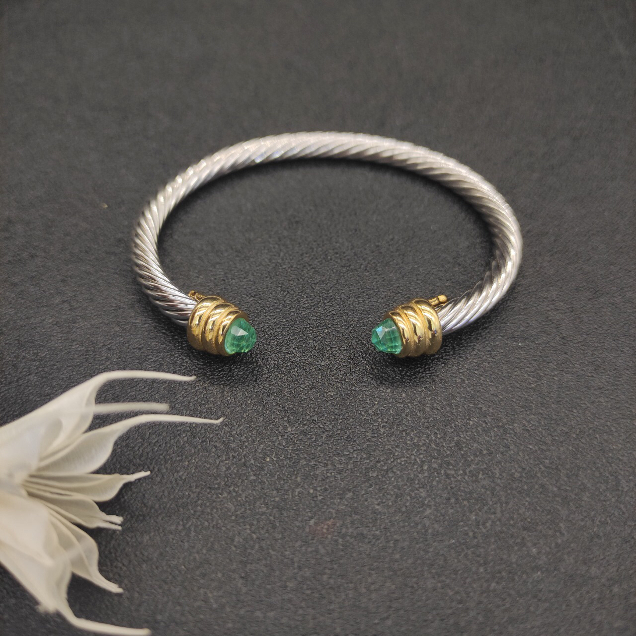 Classic Cable Bracelet Sterling Silver with Aquamarine and Diamonds, 5mm