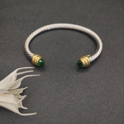 Classic Cable Bracelet Sterling Silver with Dark green crystal and Diamonds, 5mm