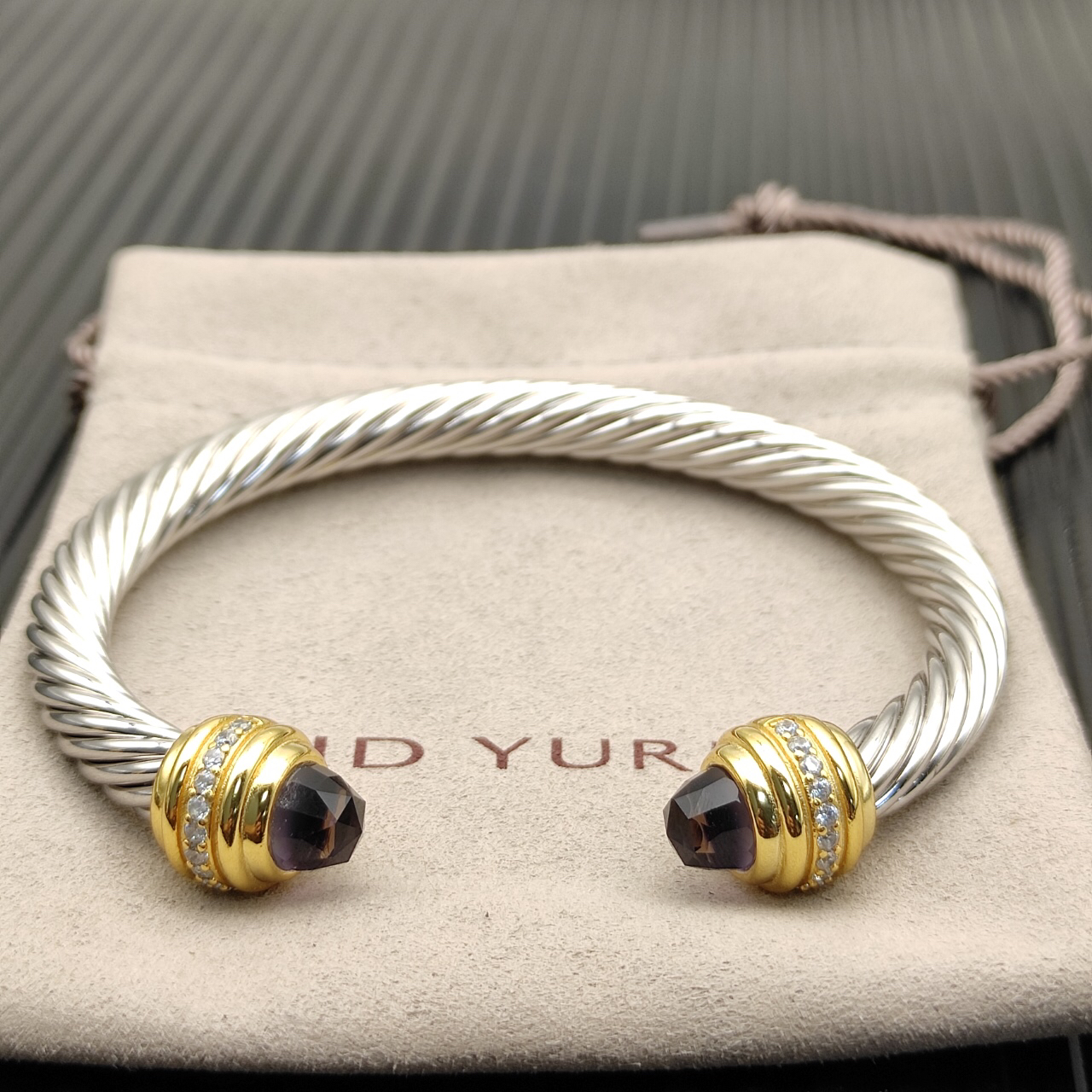 Classic Cablespira® Bracelet Sterling Silver with 14K Yellow Gold,Amethyst and Diamonds, 7mm