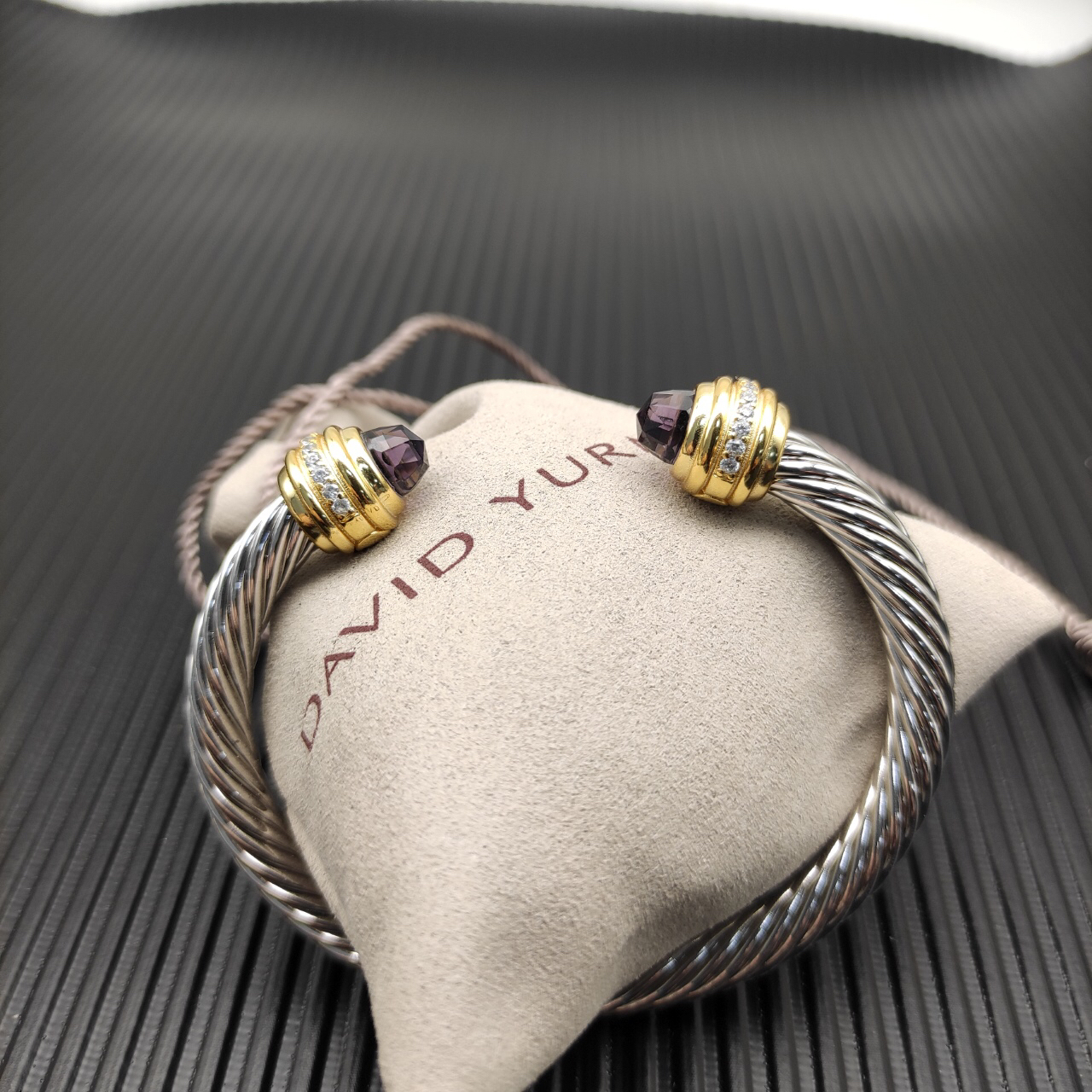 Classic Cablespira® Bracelet Sterling Silver with 14K Yellow Gold,Amethyst and Diamonds, 7mm