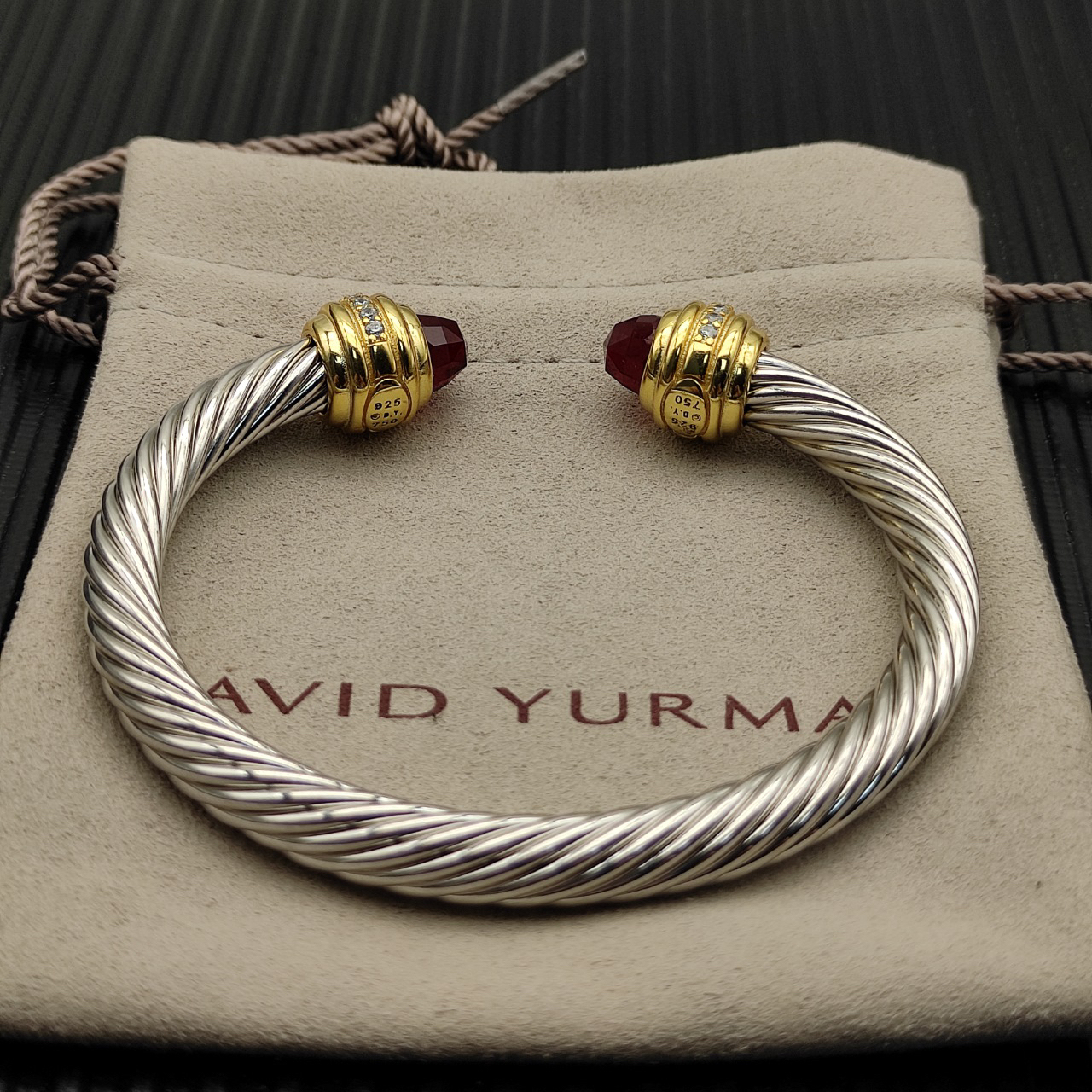 Classic Cablespira® Bracelet Sterling Silver with 14K Yellow Gold,Rhodolite Garne and Diamonds, 7mm