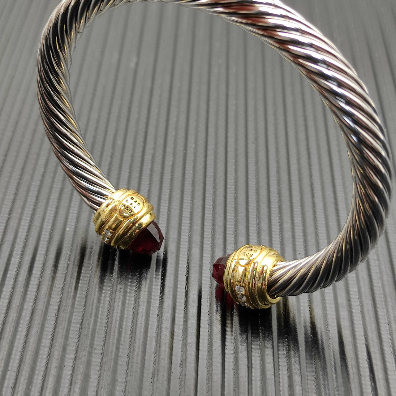 Classic Cablespira® Bracelet Sterling Silver with 14K Yellow Gold,Rhodolite Garne and Diamonds, 7mm