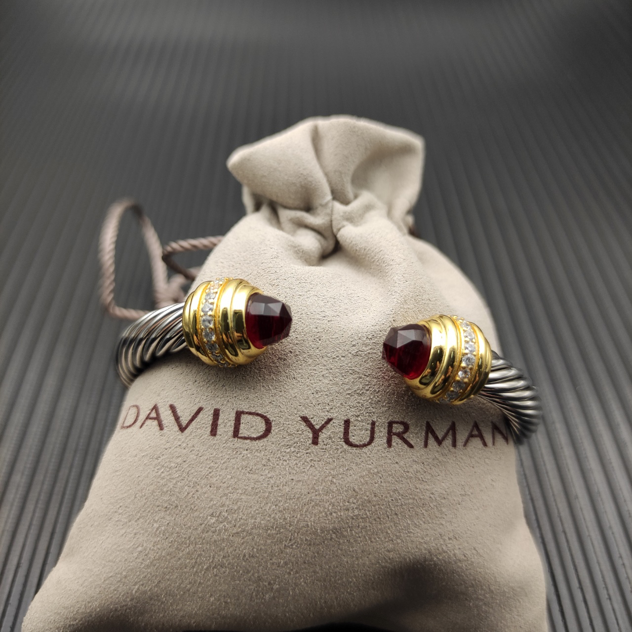Classic Cablespira® Bracelet Sterling Silver with 14K Yellow Gold,Rhodolite Garne and Diamonds, 7mm