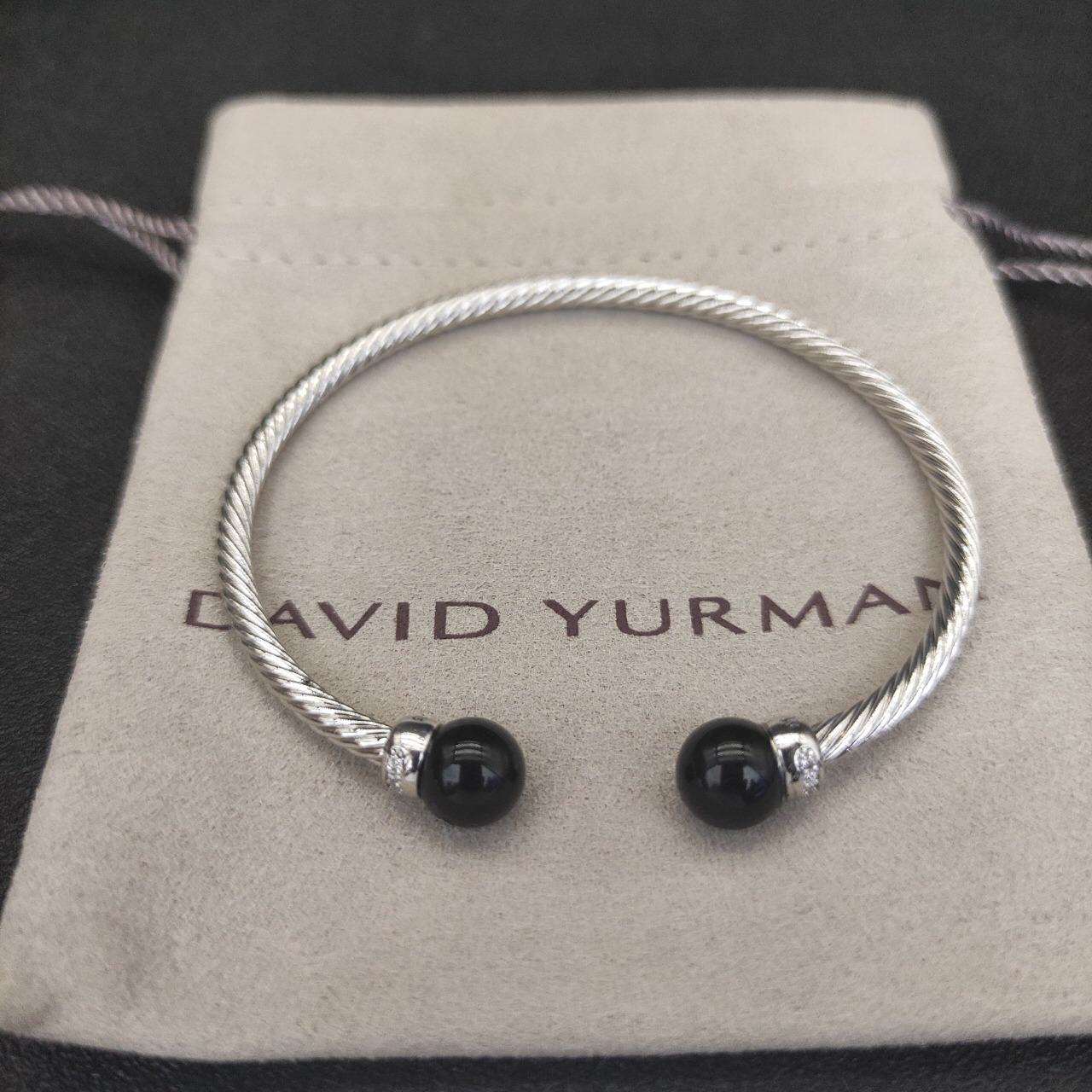Solari Cablespira® Bracelet Sterling Silver with Black Agate and Diamonds, 3mm