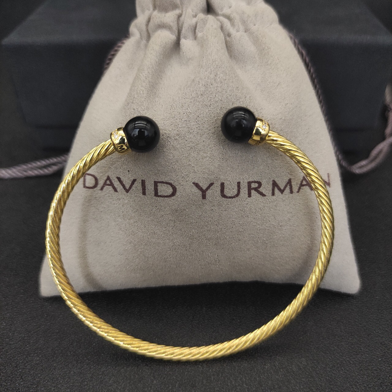 Solari Cablespira® Bracelet 18K Yellow Gold with Black Agate and Diamonds, 3mm