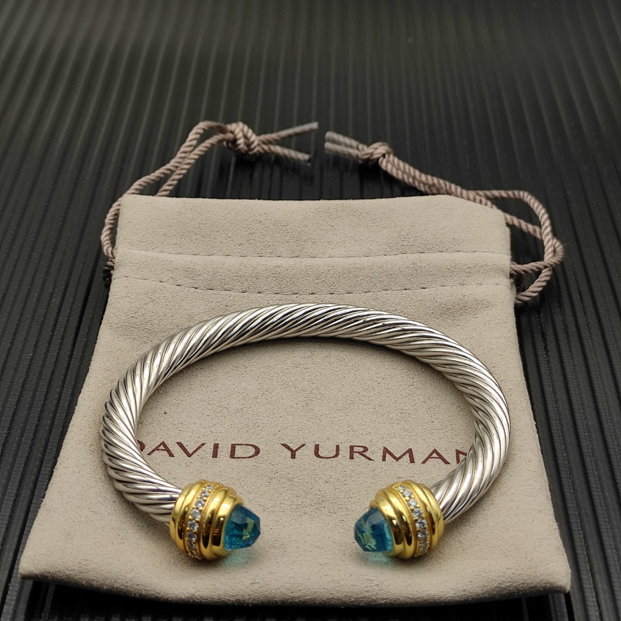 Classic Cablespira® Bracelet Sterling Silver with 14K Yellow Gold, Aquamarine and Diamonds, 7mm