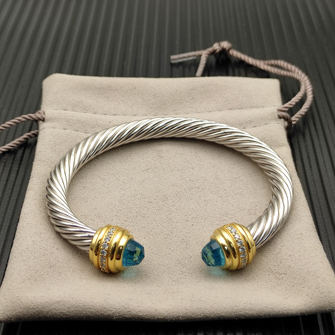 Classic Cablespira® Bracelet Sterling Silver with 14K Yellow Gold, Aquamarine and Diamonds, 7mm