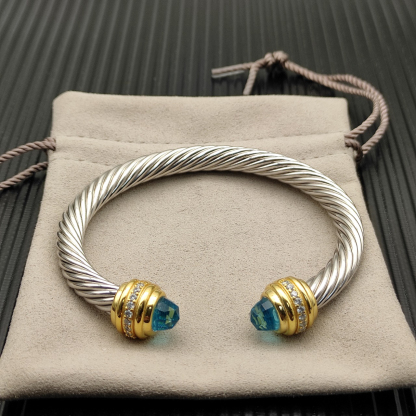 Classic Cablespira® Bracelet Sterling Silver with 14K Yellow Gold, Aquamarine and Diamonds, 7mm