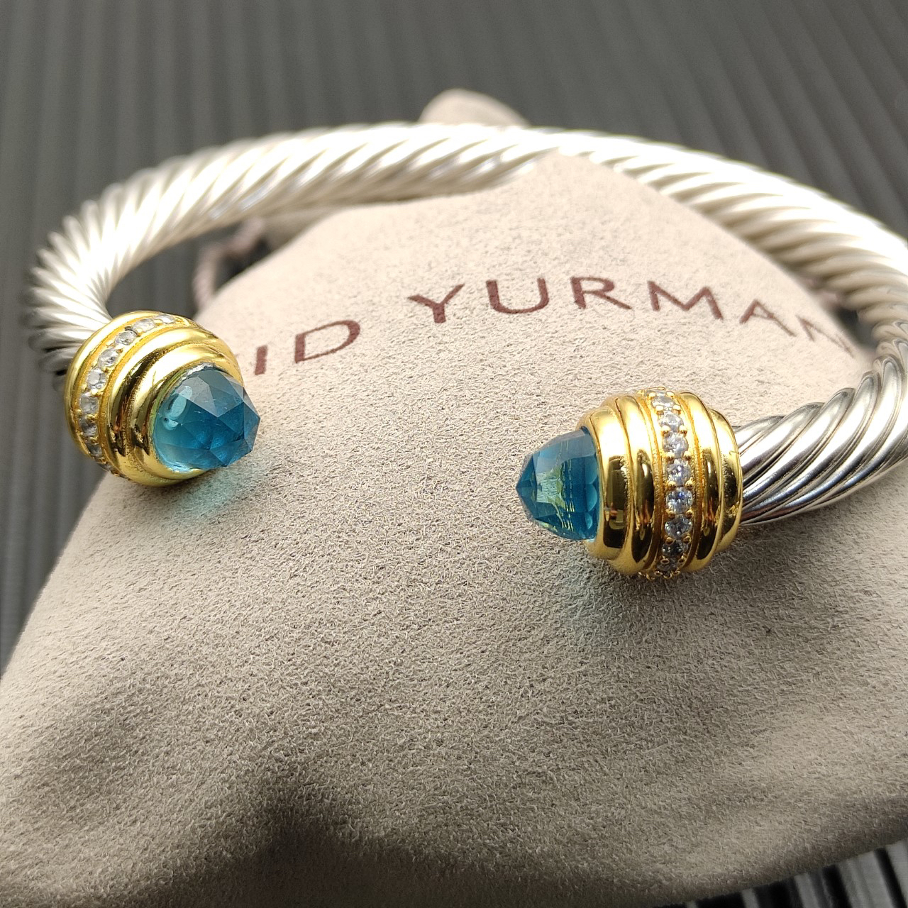 Classic Cablespira® Bracelet Sterling Silver with 14K Yellow Gold, Aquamarine and Diamonds, 7mm