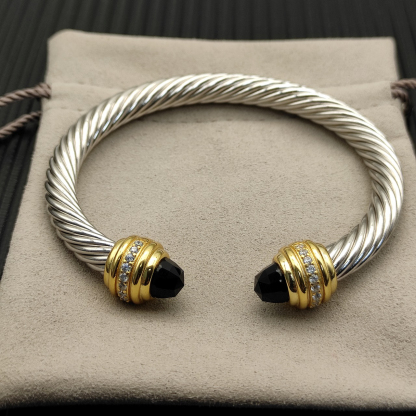 Classic Cablespira® Bracelet Sterling Silver with 14K Yellow Gold,Black Onyx and Diamonds, 7mm