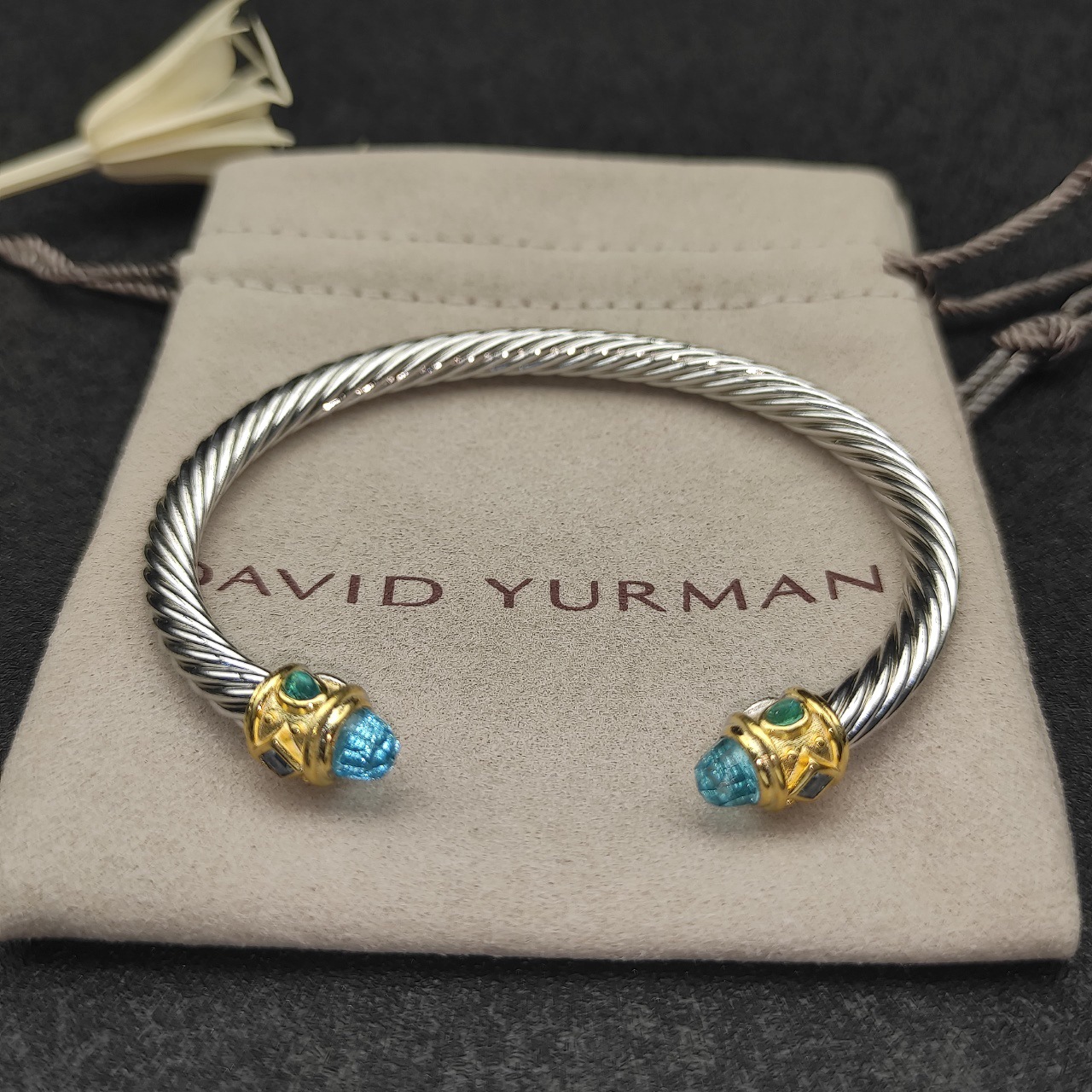 Renaissance® Classic Cable Bracelet Sterling Silver with 14K Yellow Gold, Blue Topaz, 5mm