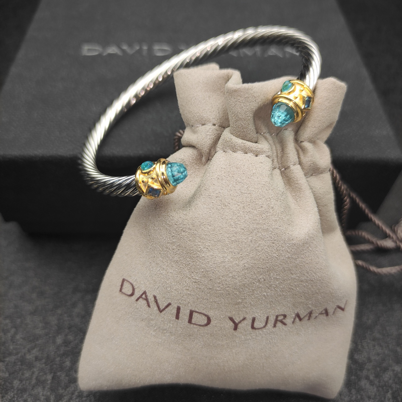 Renaissance® Classic Cable Bracelet Sterling Silver with 14K Yellow Gold, Blue Topaz, 5mm