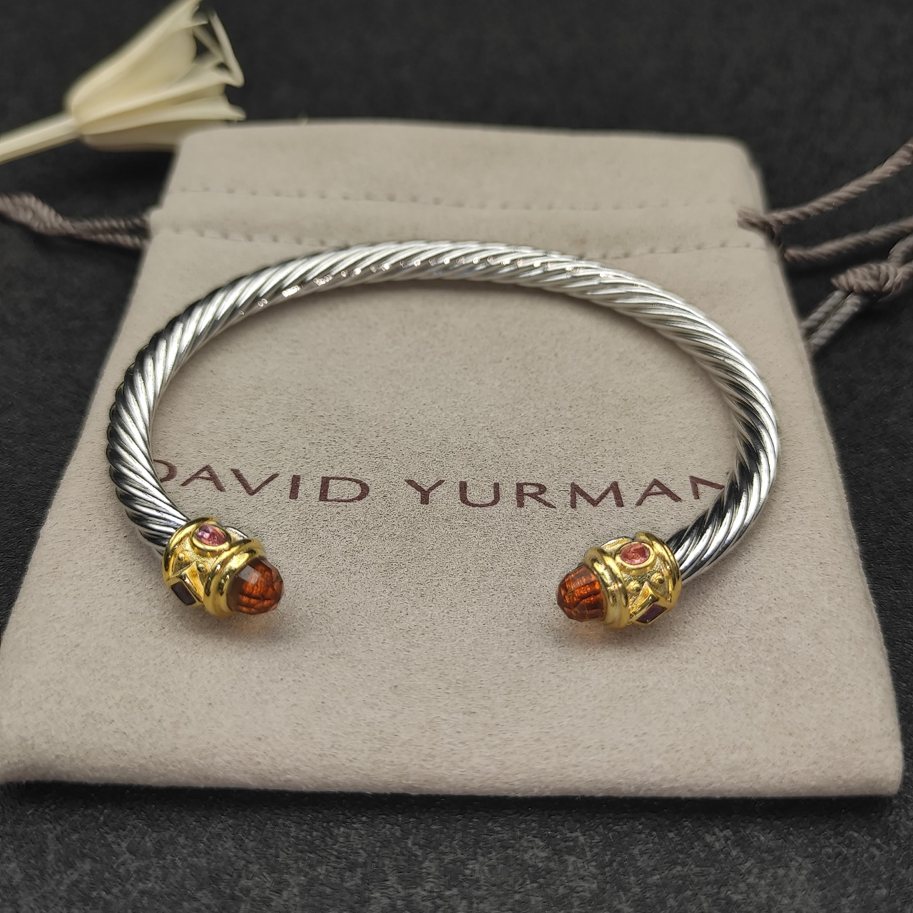 Renaissance® Classic Cable Bracelet Sterling Silver with 14K Yellow Gold, Morganite, 5mm