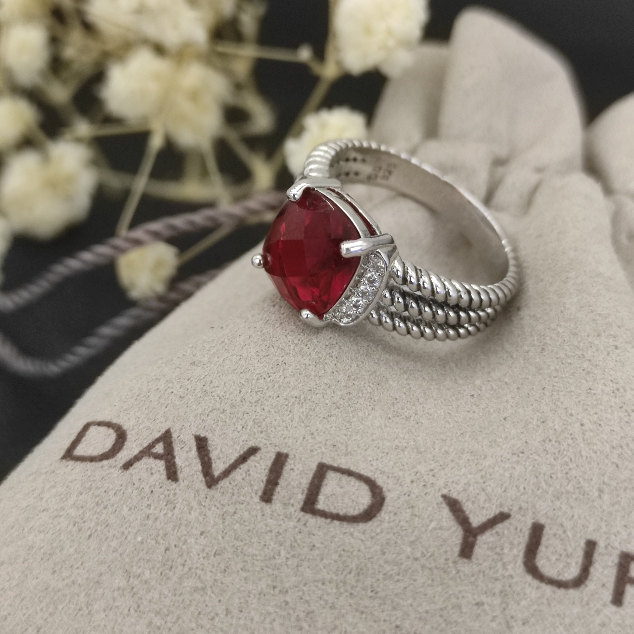 Petite Wheaton® Ring Sterling Silver with Garnets and Diamonds, 10mm