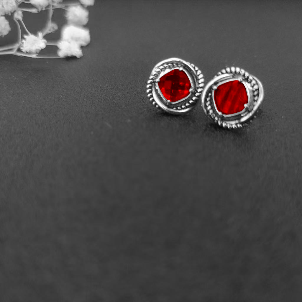 Infinity Stud Earrings Sterling Silver with Garnets, 13mm