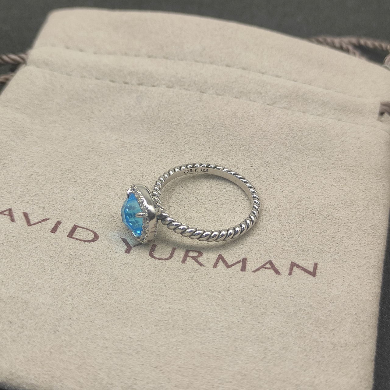 Petite Chatelaine® Pavé Bezel Ring Sterling Silver with Blue Topaz and Diamonds, 7mm