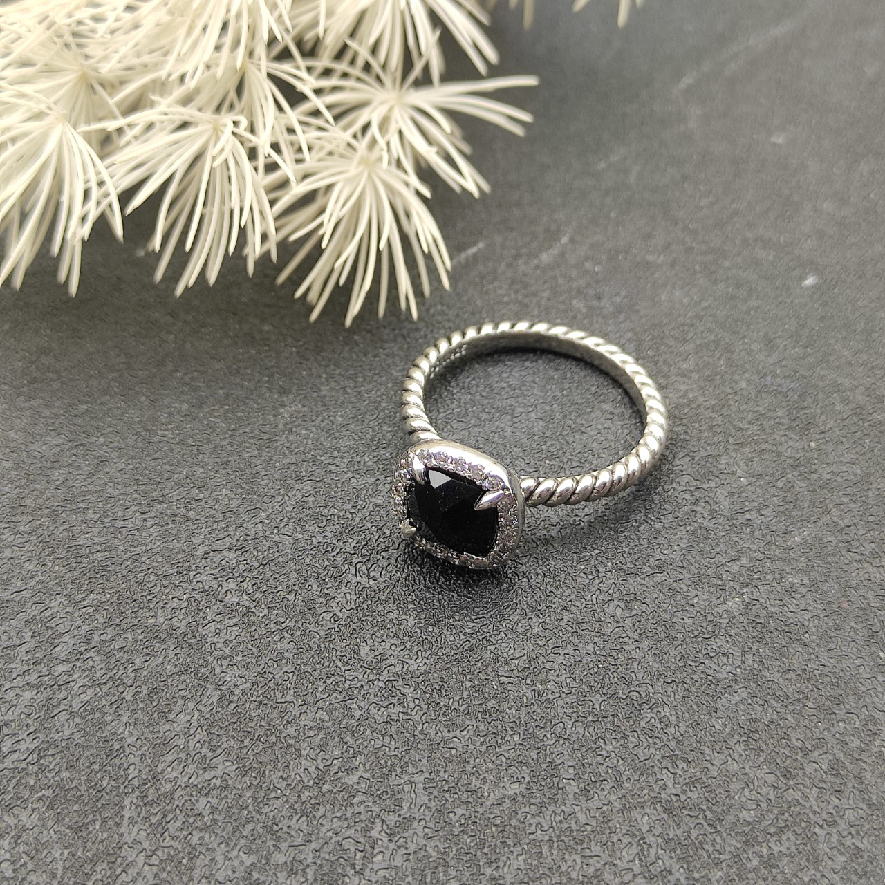 Petite Chatelaine® Pavé Bezel Ring Sterling Silver with Black Onyx and Diamonds, 7mm