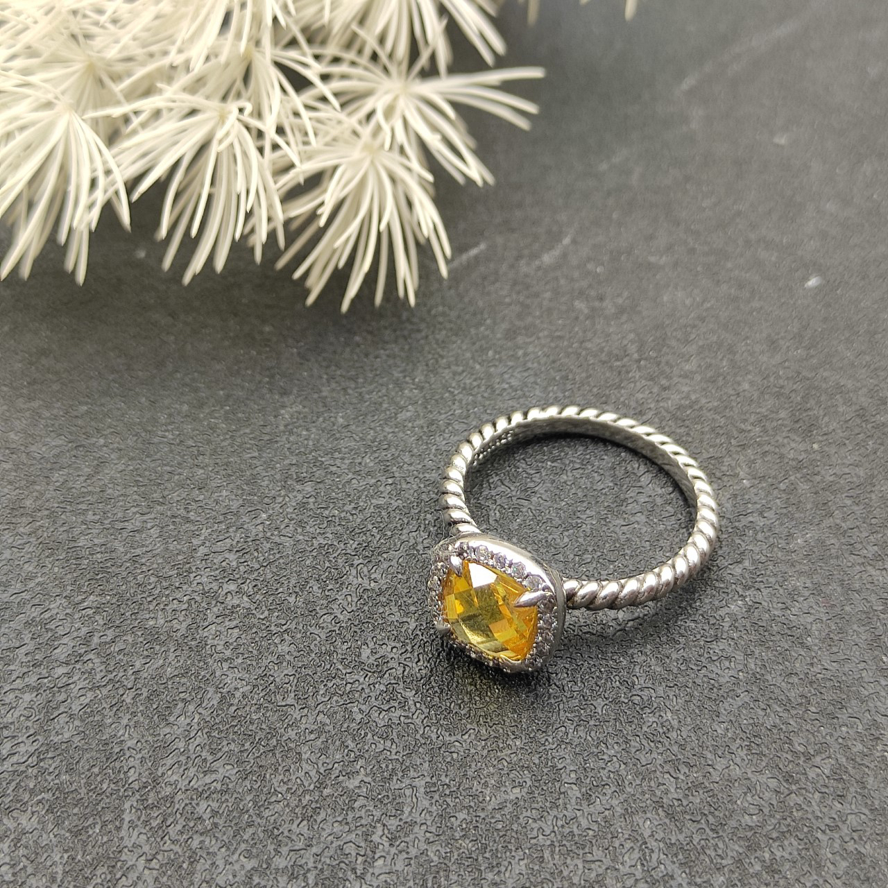 Petite Chatelaine® Pavé Bezel Ring Sterling Silver with Citrine and Diamonds, 7mm