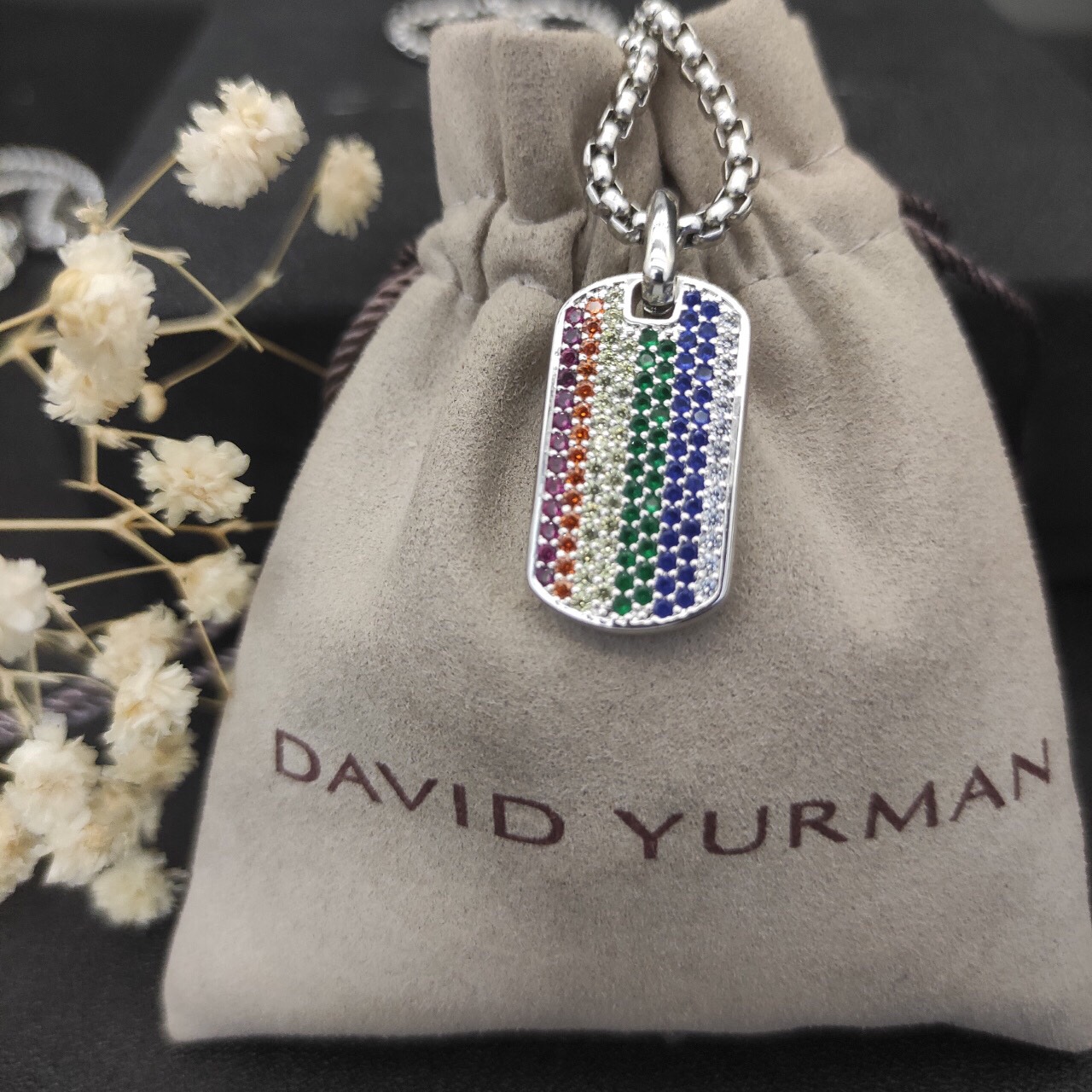 Chevron Tag Sterling Silver with Rainbow Pavé, 27mm