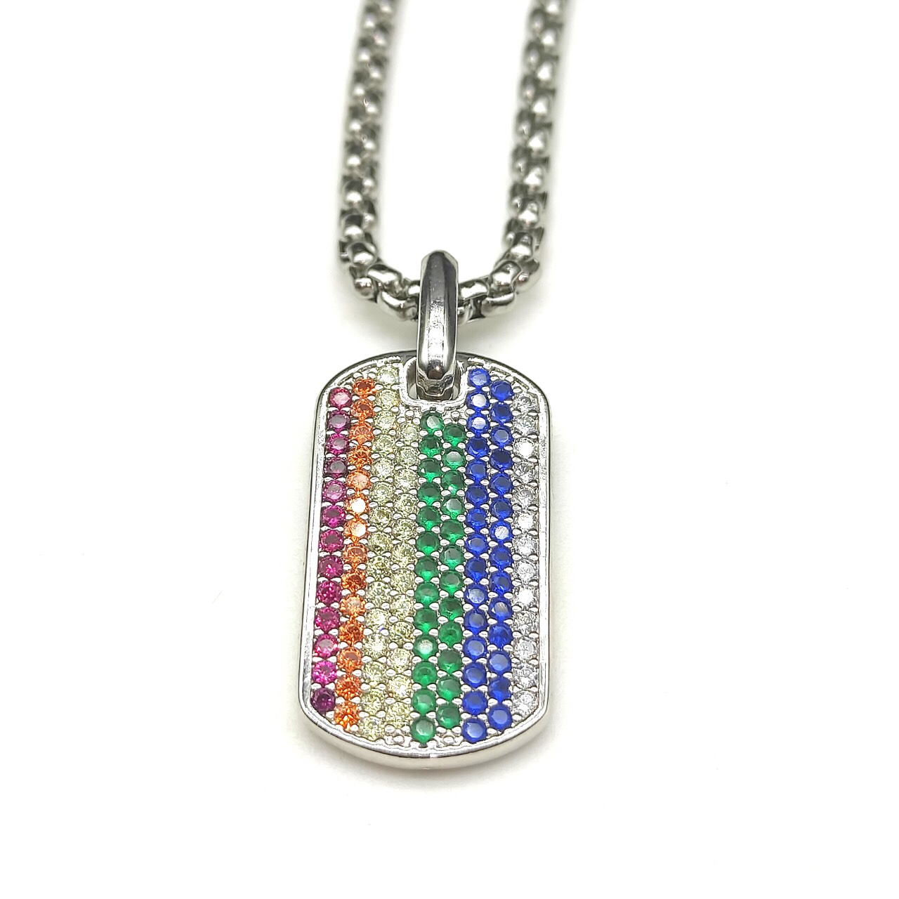 Chevron Tag Sterling Silver with Rainbow Pavé, 27mm