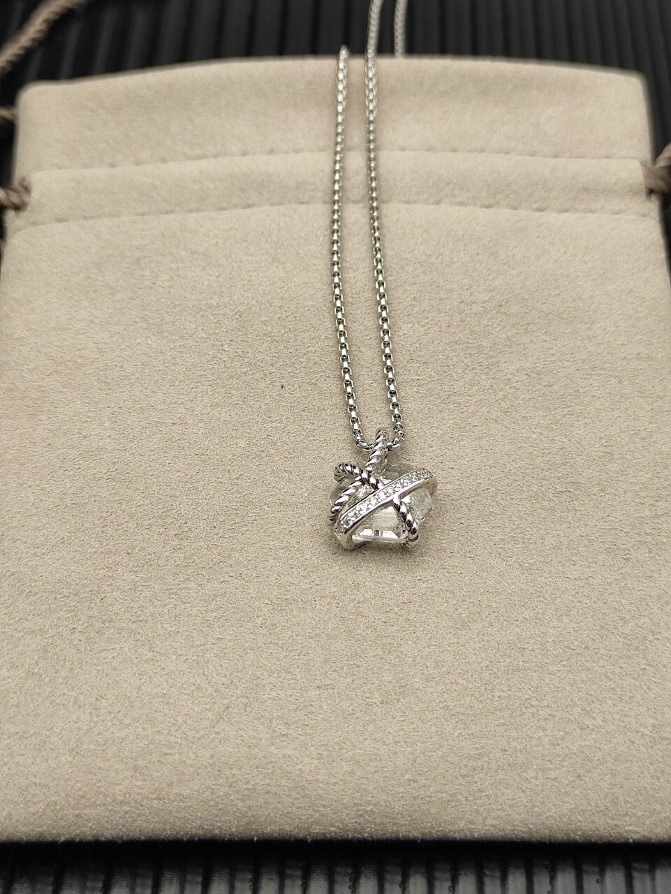 Cable Wrap Necklace Sterling Silver with Clear Quartz and Diamonds, 12.5mm