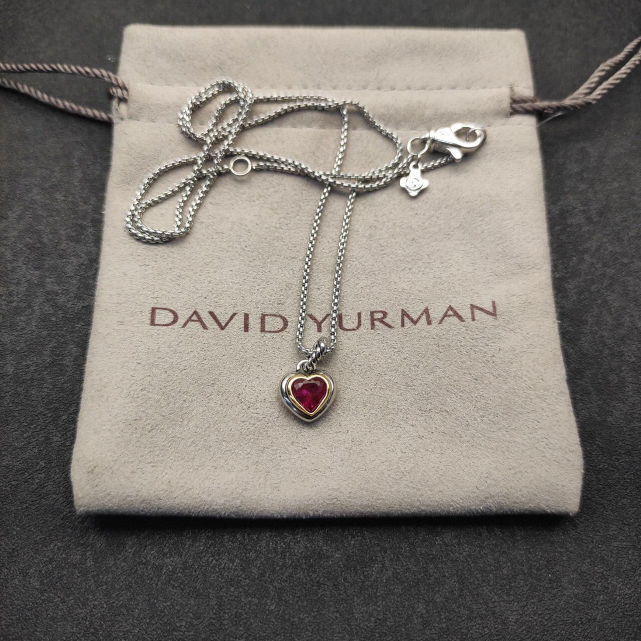 Petite Cable Heart Pendant Necklace Sterling Silver with 14K Yellow Gold and Rhodolite Garnet