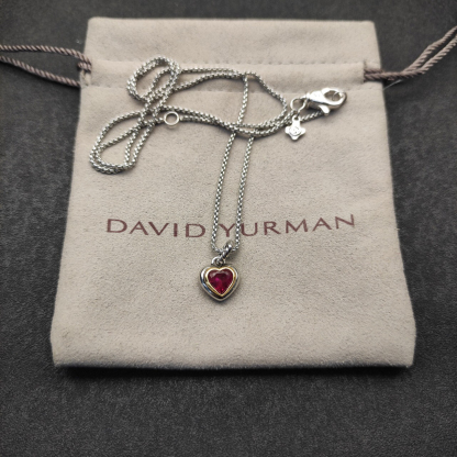 Petite Cable Heart Pendant Necklace Sterling Silver with 14K Yellow Gold and Rhodolite Garnet