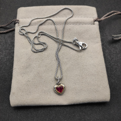 Petite Cable Heart Pendant Necklace Sterling Silver with 14K Yellow Gold and Rhodolite Garnet