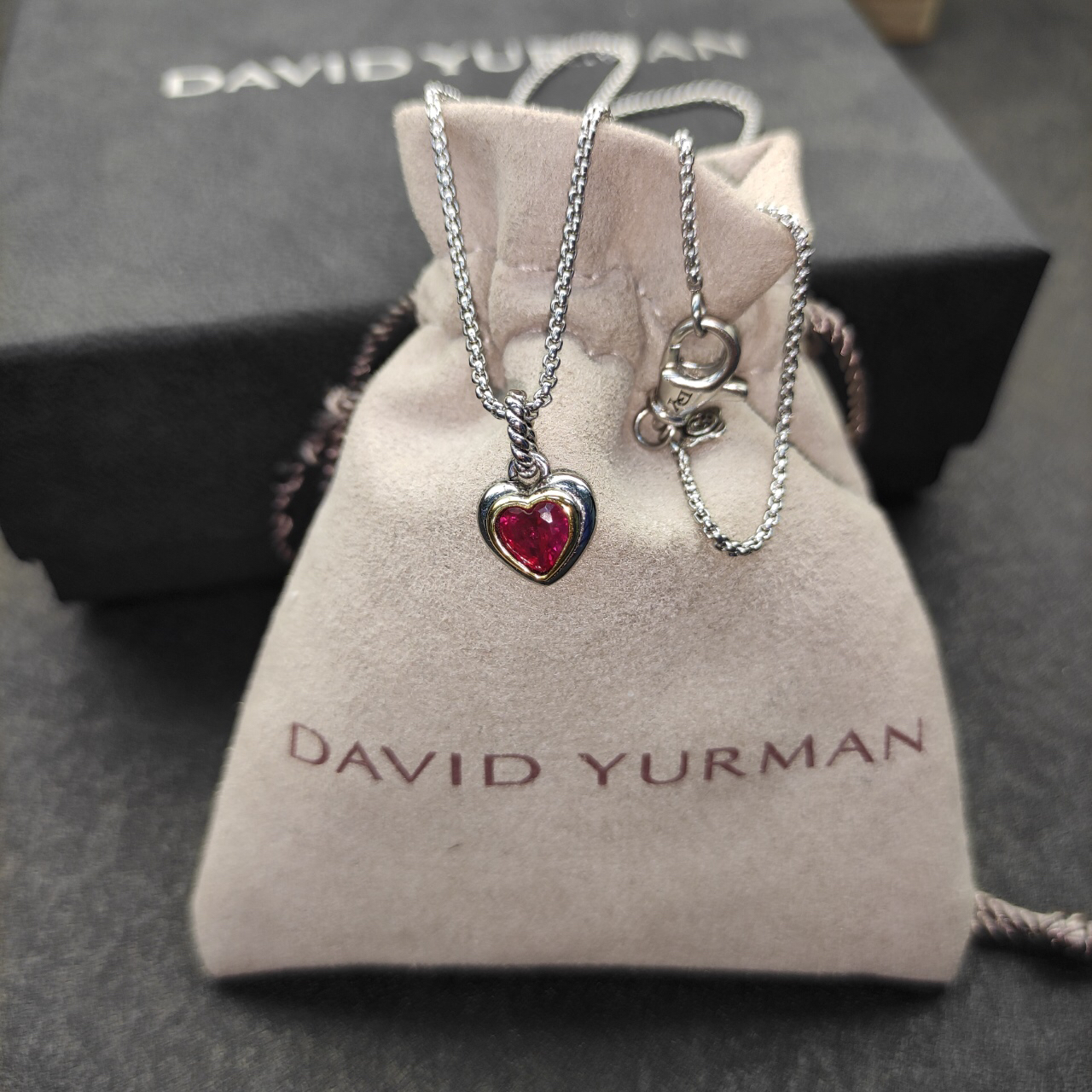 Petite Cable Heart Pendant Necklace Sterling Silver with 14K Yellow Gold and Rhodolite Garnet