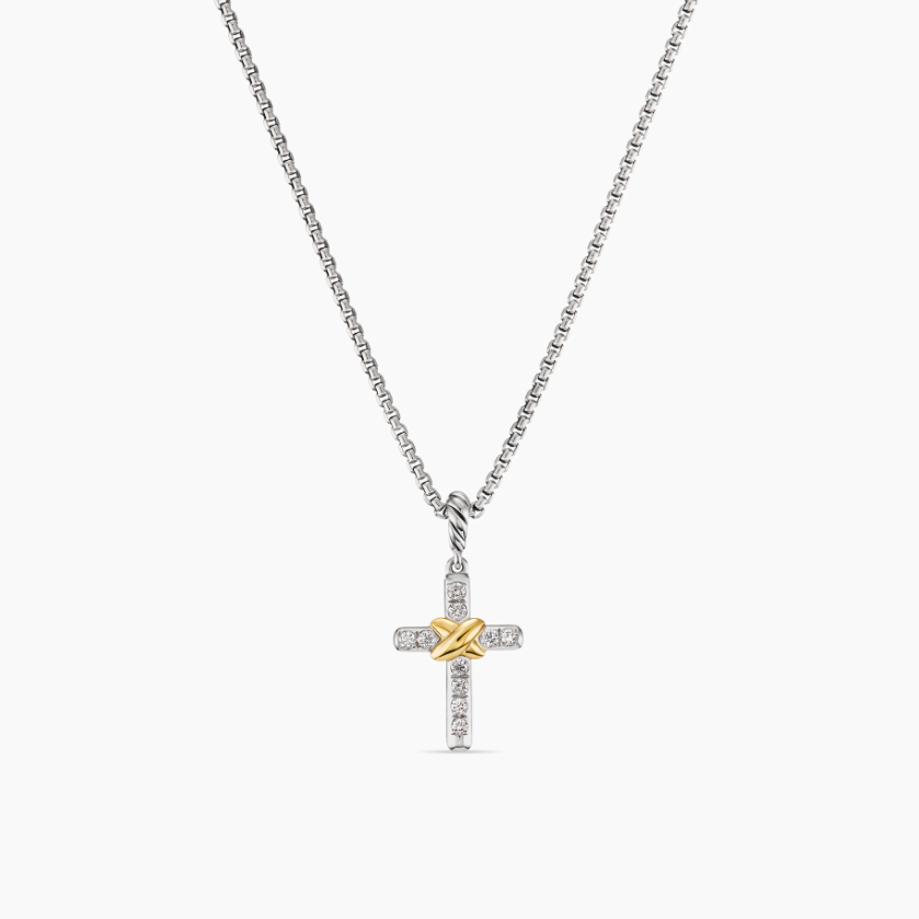 Petite X Cross Necklace Sterling Silver with 14K Yellow Gold